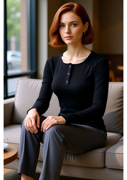 Kadın Moda Şık Regular Havuz Yaka Slim Kalıp Örme Çıtçıtlı Fitted Vücuda Oturan Fitilli Esnek Bluz