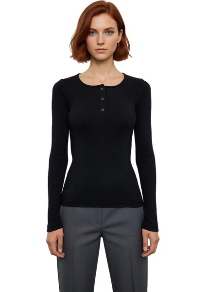 Kadın Moda Şık Regular Havuz Yaka Slim Kalıp Örme Çıtçıtlı Fitted Vücuda Oturan Fitilli Esnek Bluz fiyatları