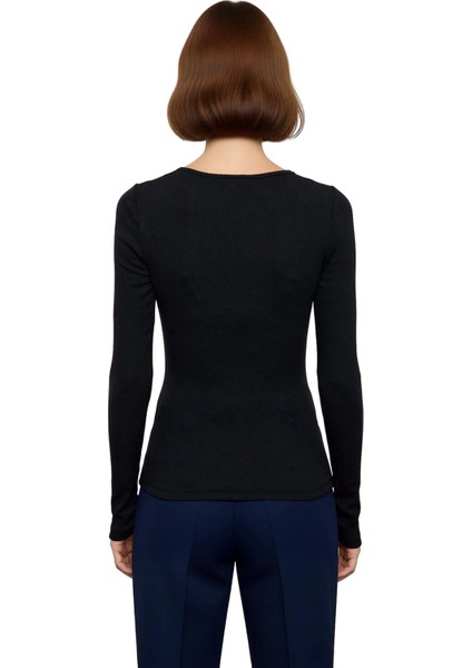 Kadın Moda Şık Regular Havuz Yaka Slim Kalıp Örme Çıtçıtlı Fitted Vücuda Oturan Fitilli Esnek Bluz modelleri