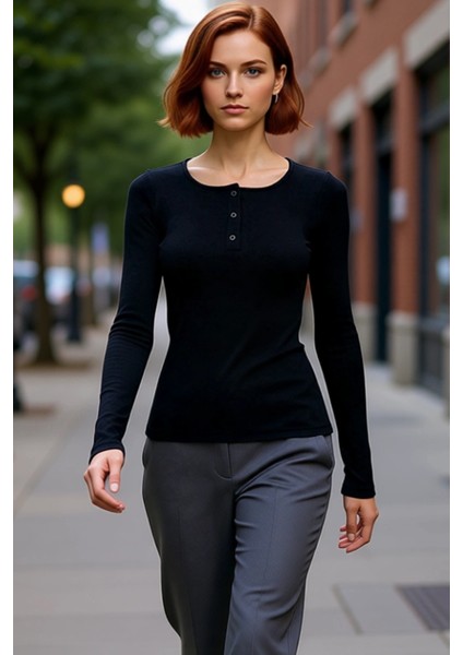 Kadın Moda Şık Regular Havuz Yaka Slim Kalıp Örme Çıtçıtlı Fitted Vücuda Oturan Fitilli Esnek Bluz fırsatları