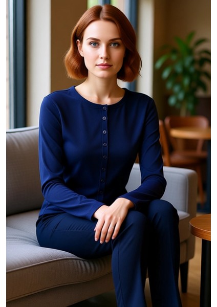 Kadın Vücuda Oturan Tam Düğmeli Bisiklet Yaka Örme Üst Kaliteli Şık Rahat Modern Zarif Günlük