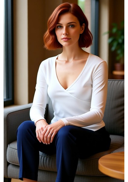 Kadın Moda Şık Regular Kruvaze Yaka Slim Kalıp Örme Fitted Vücuda Oturan Yaka Kol Fitilli Esnek Bluz