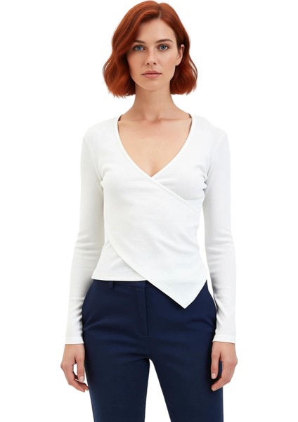 Kadın Moda Şık Regular Kruvaze Yaka Slim Kalıp Örme Fitted Vücuda Oturan Yaka Kol Fitilli Esnek Bluz fiyatları