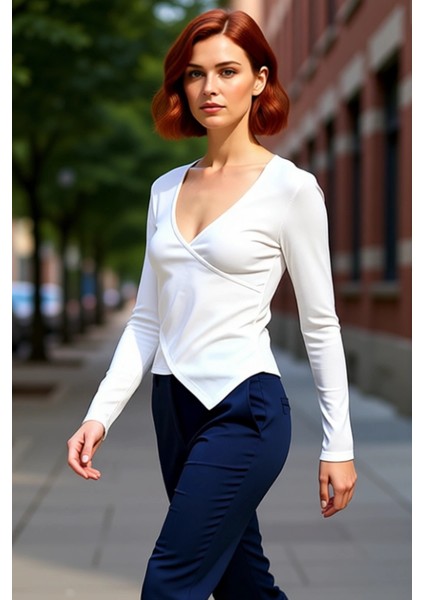 Kadın Moda Şık Regular Kruvaze Yaka Slim Kalıp Örme Fitted Vücuda Oturan Yaka Kol Fitilli Esnek Bluz fırsatları