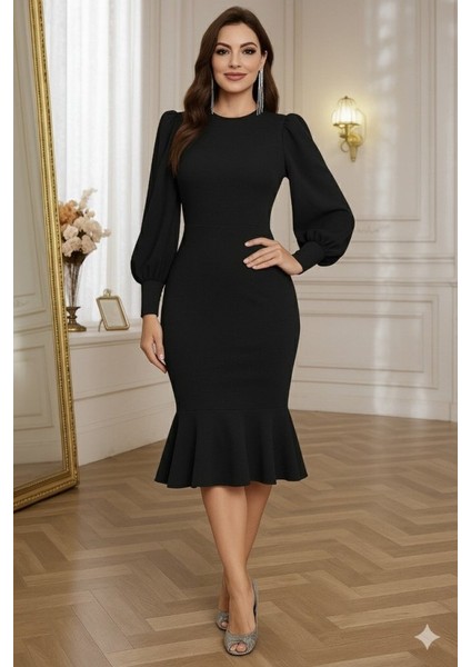 Kadın Uzun Kollu Yarı Balıkçı Yaka Etek Ucu Fırfır Detaylı Midi Ithal Krep Elbise