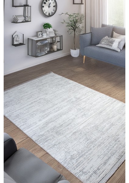 Gri Beyaz Polyester Halı Antibakteriyel Tozumaz Saçaklı Salon Oturma Çocuk Odası Yolluk Makine
