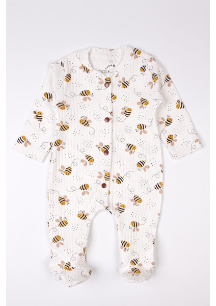 Yenidoğan Patikli Tulum Arı Baskılı Çıtçıtlı Bebek Tulumu