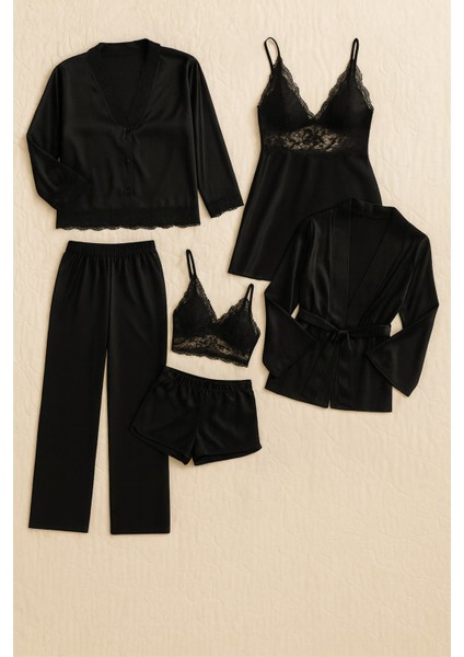 Kadın Siyah Saten Gelin 6'lı Çeyiz Seti Sabahlık & Gecelik & Pijama Şortlu Takım W8U6O2K0KKA