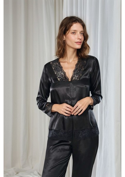 Kadın Siyah Saten Gelin 6'lı Çeyiz Seti Sabahlık & Gecelik & Pijama Şortlu Takım W8U6O2K0KKA modelleri