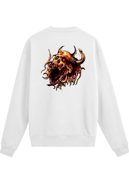 Sırt Baskılı Death Metal Alevli Kurukafa Sweatshirt