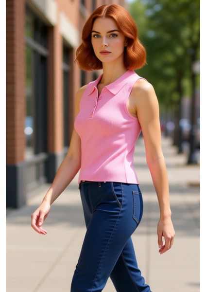 Kadın Polo Yaka Fitilli Ince Yazlık Bluz Özenle Seçilmiş Şık Görünüm Rahat ve Uzun Ömürlü