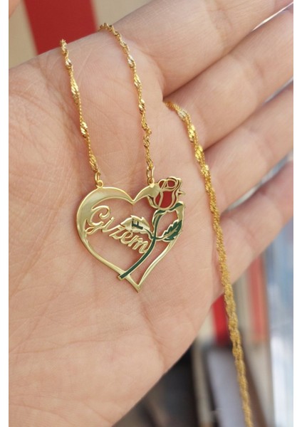 925 Ayar Gümüş 24 Ayar Altın Kaplama Kalpli Gül Kolye