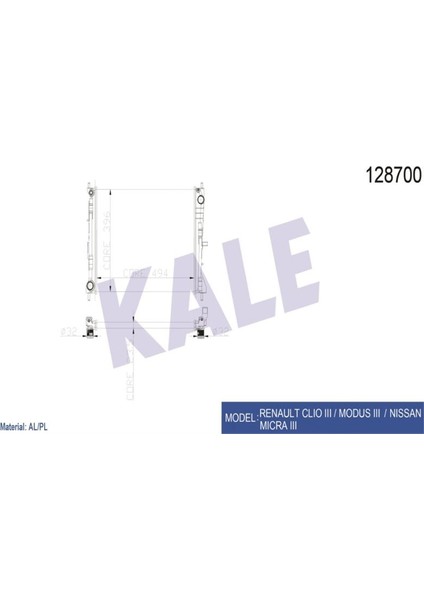 -0518572AL-128700 - Su Radyatörü Renault Clıo Iıı Modus - Nıssan Mıcra Iıı Note 1.2 1.5dcı 03=> (Mt) (Nac) [mekanik] [494X396X23.5]