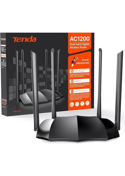 Ac8 Wlan Dual Band Gigabit Router 1200MBIT/S (867MBIT/S 5ghz + 300MBIT/S 2.4ghz, 4 Gigabit Port, Mu-Mımo,4 * 6dbi Harici Anten, Uygulama Kontrolü, Ipv6) Siyah