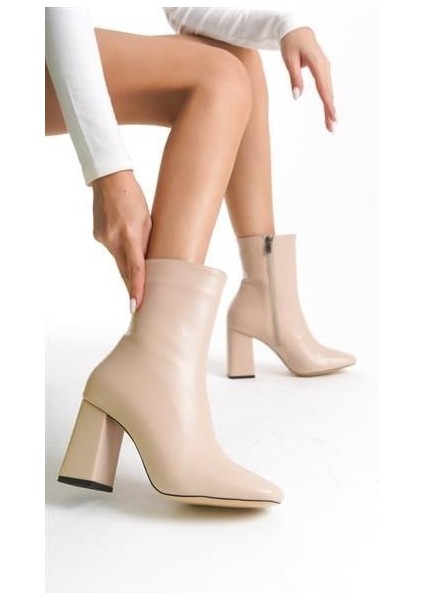 Kadın TLL Bej Cilt Kalın Topuk Bot