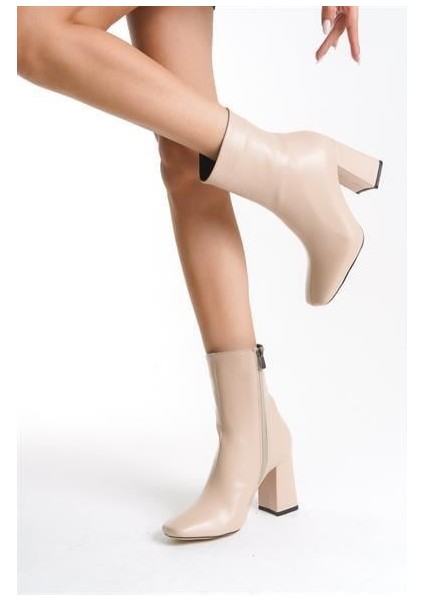 Kadın TLL Bej Cilt Kalın Topuk Bot