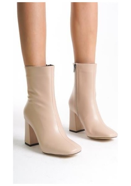 Kadın TLL Bej Cilt Kalın Topuk Bot