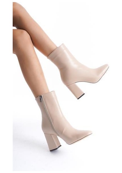 Kadın TLL Bej Cilt Kalın Topuk Bot