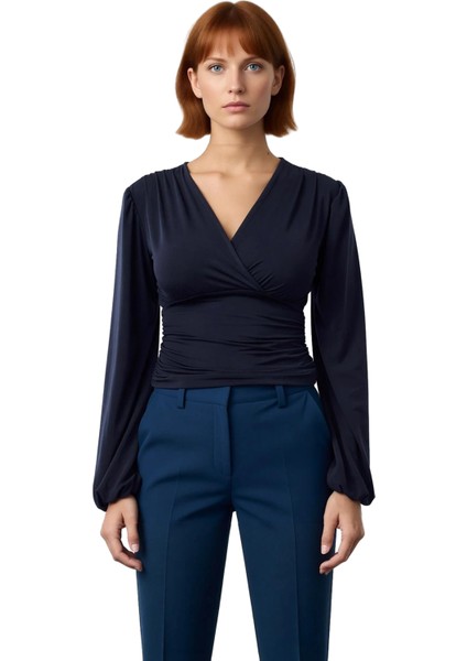 Stil Kadın Animal Baskı Yeşili Büzgü Drape Detaylı Kollu Esnek Bluz Regular Slim Kalıp Balon Kol