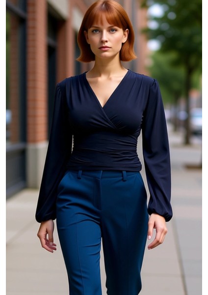 Stil Kadın Animal Baskı Yeşili Büzgü Drape Detaylı Kollu Esnek Bluz Regular Slim Kalıp Balon Kol modelleri