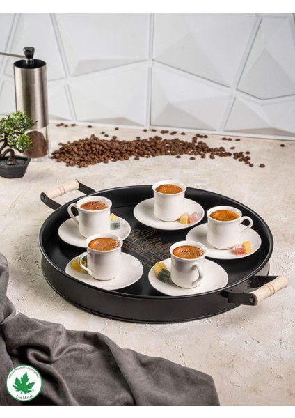 Metal 37CM Ahşap Kulplu Siyah Metal Tepsi Yuvarlak Çay Tepsisi Sunum Tepsisi Tahta Kulplu Kahve Tepsisi