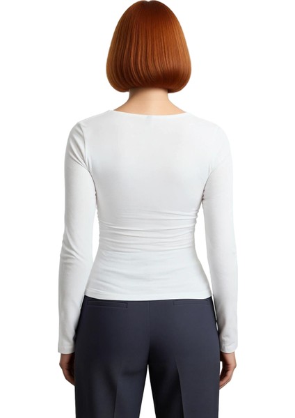 Kadın Moda Şık Üst Giyim Regular Kare Yaka Slim Kalıp Örme Büzgü Drape Detaylı Vücuda Oturan Bluz modelleri