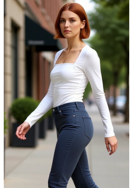 Kadın Moda Şık Üst Giyim Regular Kare Yaka Slim Kalıp Örme Büzgü Drape Detaylı Vücuda Oturan Bluz fırsatları