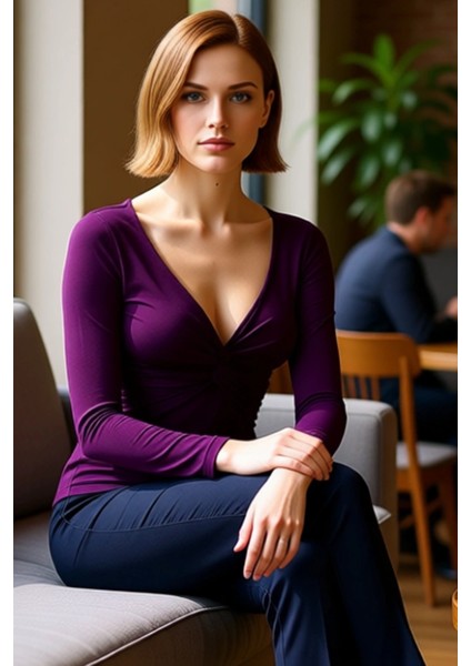 Kadın Moda Şık Crop V Yaka Slim Kalıp Örme Büzgü Drape Detaylı Fitted Vücuda Oturan Kollu Esnek Bluz