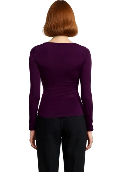 Kadın Moda Şık Crop V Yaka Slim Kalıp Örme Büzgü Drape Detaylı Fitted Vücuda Oturan Kollu Esnek Bluz modelleri