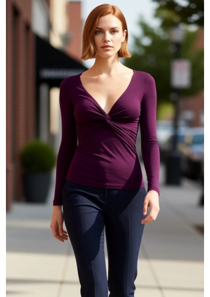 Kadın Moda Şık Crop V Yaka Slim Kalıp Örme Büzgü Drape Detaylı Fitted Vücuda Oturan Kollu Esnek Bluz fırsatları