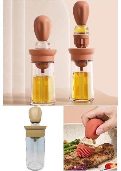 Hazneli Silikon Yağ Sos ve Yumurta Fırçası Yağ Fırçası Yağlık Silikon Fırçalı Yağdanlık - Krem