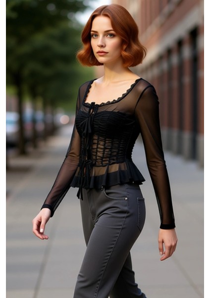 Kadınlar Için Uzun Kollu Kare Yaka Büzgülü Tül Üst Kaliteli Şık Rahat Modern Zarif Günlük modelleri