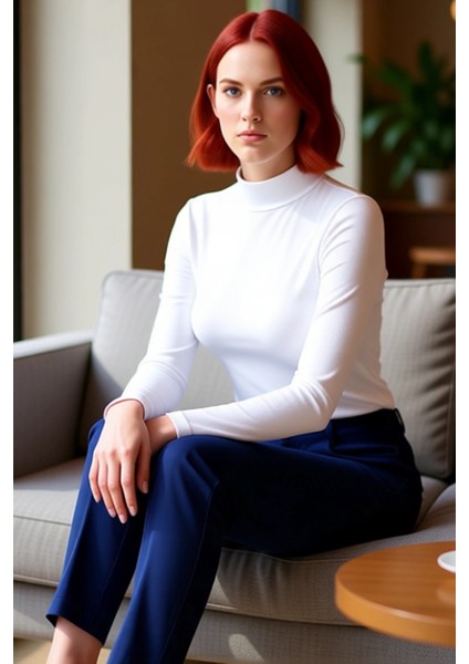 Kadın Moda Şık Regular Dik Yaka Slim Kalıp Örme Fitted Vücuda Oturan Kol Fitilli Esnek Bluz