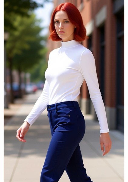 Kadın Moda Şık Regular Dik Yaka Slim Kalıp Örme Fitted Vücuda Oturan Kol Fitilli Esnek Bluz fırsatları