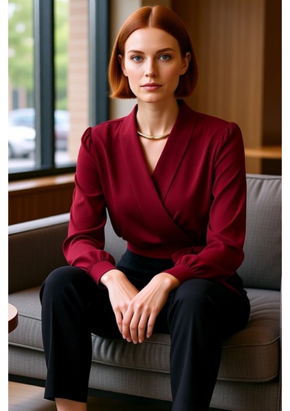 Kadın Moda Şık Üst Giyim Crop V Yaka Balon Kol Regular Kalıp Örme Kruvaze Kapamalı Esnek Bluz