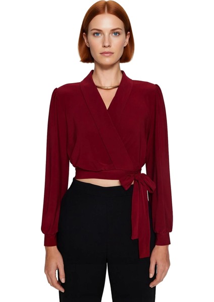 Kadın Moda Şık Üst Giyim Crop V Yaka Balon Kol Regular Kalıp Örme Kruvaze Kapamalı Esnek Bluz fiyatları