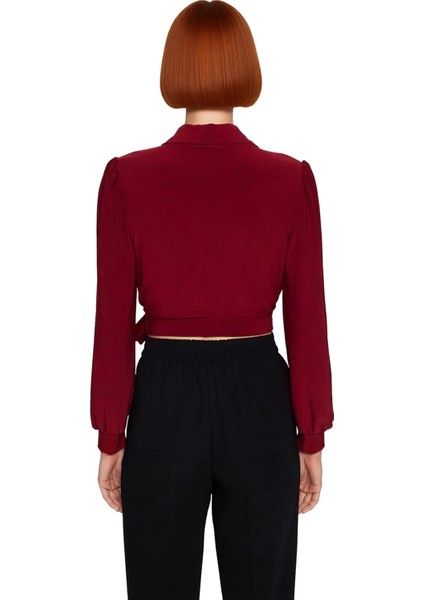 Kadın Moda Şık Üst Giyim Crop V Yaka Balon Kol Regular Kalıp Örme Kruvaze Kapamalı Esnek Bluz modelleri