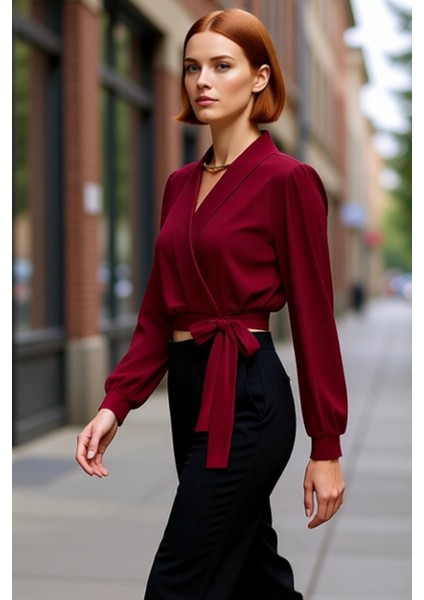 Kadın Moda Şık Üst Giyim Crop V Yaka Balon Kol Regular Kalıp Örme Kruvaze Kapamalı Esnek Bluz fırsatları