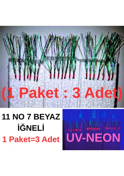 Çapari, İstavrit Çaparisi, 20x12 Beden, Ultraviyole Uv Neon Koyu Yeşil Sim, 11 No Beyaz 7 İğneli, 3lü Paket