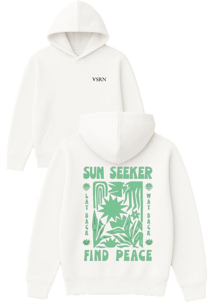 Sun Seeker Fınd Peace Tasarım Baskılı Oversize Beyaz Kapüşonlu Sweatshirt