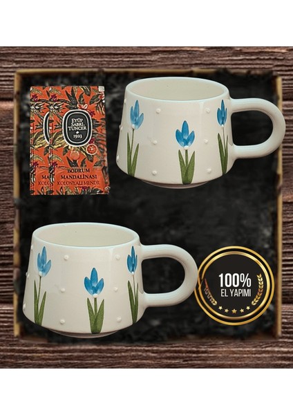El Yapımı Seramik Kupa Seti – Mavi Çiçek Desenli Hediye Seti