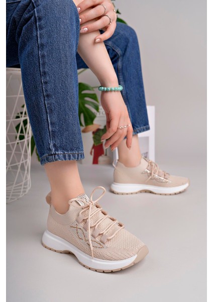 Kadın Bağcıklı Triko Poli Taban Spor Sneaker Ayakkabı-Bej