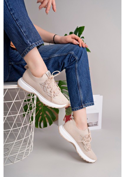 Kadın Bağcıklı Triko Poli Taban Spor Sneaker Ayakkabı-Bej fiyatları