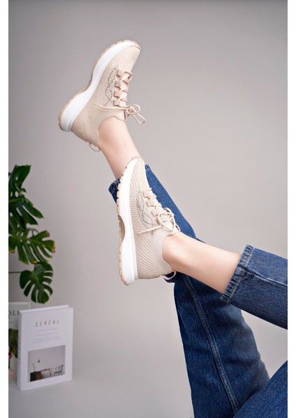 Kadın Bağcıklı Triko Poli Taban Spor Sneaker Ayakkabı-Bej modelleri