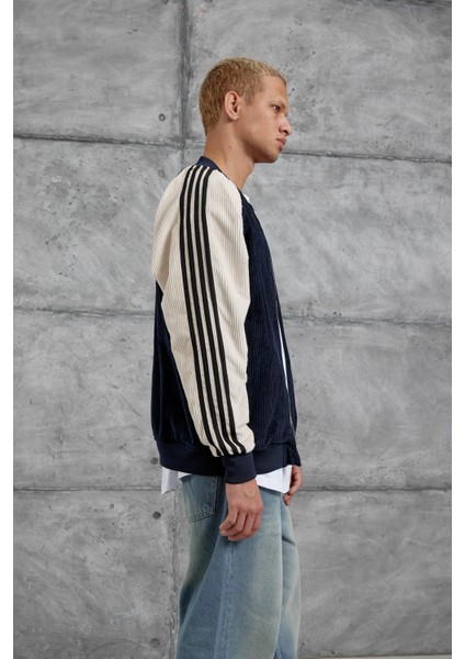 Lacivert Kolu Çizgili Kadife Ceket