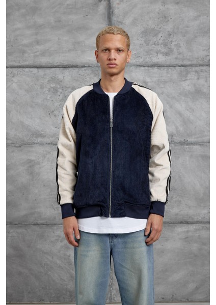 Lacivert Kolu Çizgili Kadife Ceket