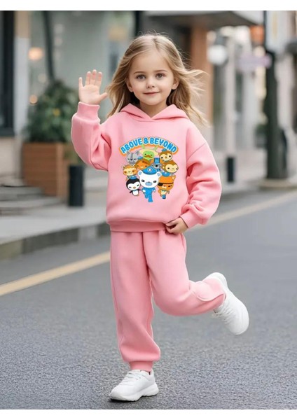 Punıx Kıds Yüksek Kalite Octonauts Baskılı Kapüşonlu Kışlık Kalın 3 Iplik Kızçocuk Eşofman Takımı