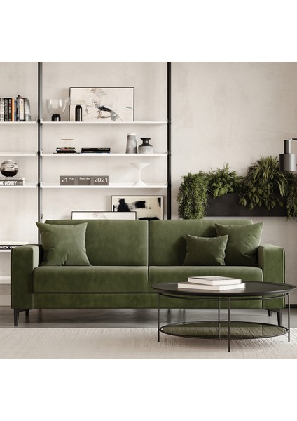 Briza Plus Kadife Dokulu, 3'lü Yataklı Koltuk - Haki