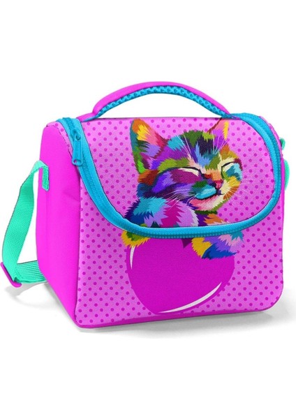 Pembe Sevimli Kedi Kız Çocuk Okul Beslenme Çantası - Thermo Yalıtımlı