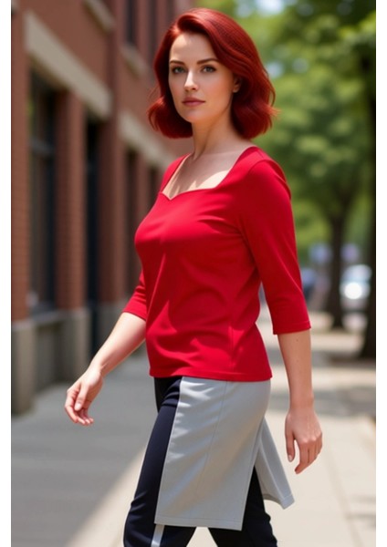 Kadın Vücuda Oturan Kalp Yaka Bluz Polyester Elastan Kumaşlı Truvakar Kol Detaylı Günlük Şık Stil modelleri